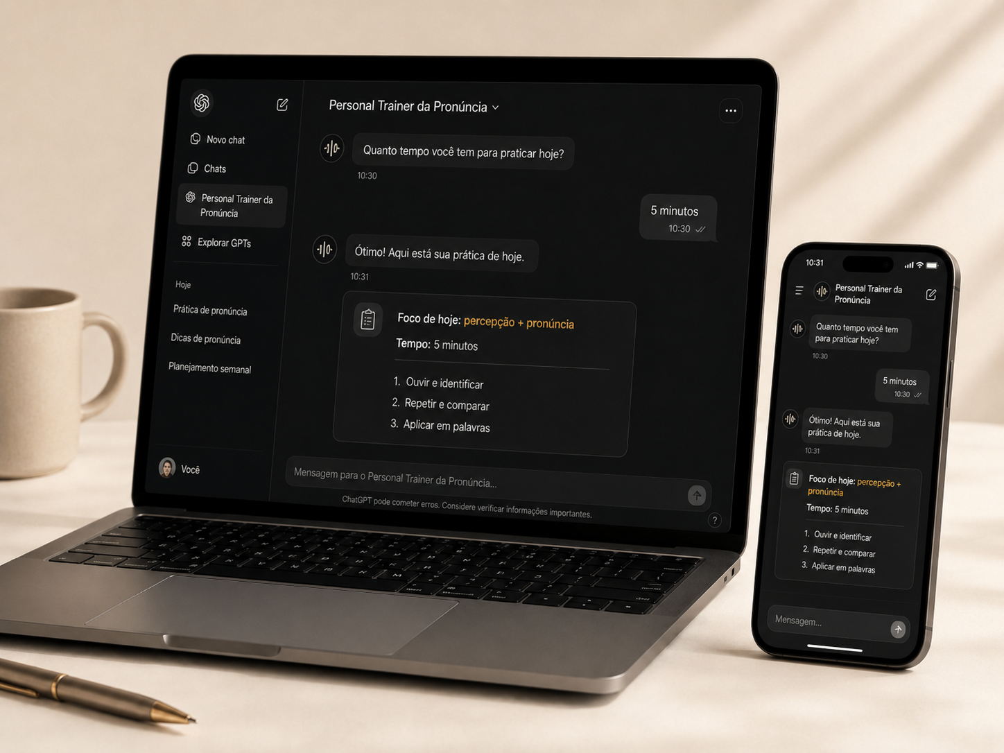 Personal Trainer da Pronúncia aberto em um notebook e em um celular