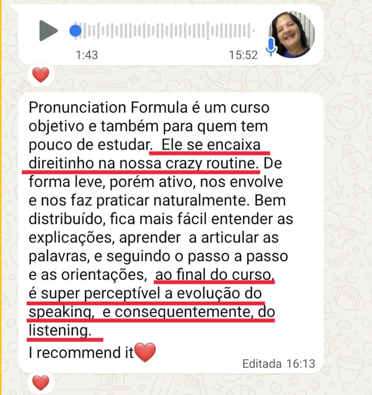 Depoimento de Diana enviado por WhatsApp