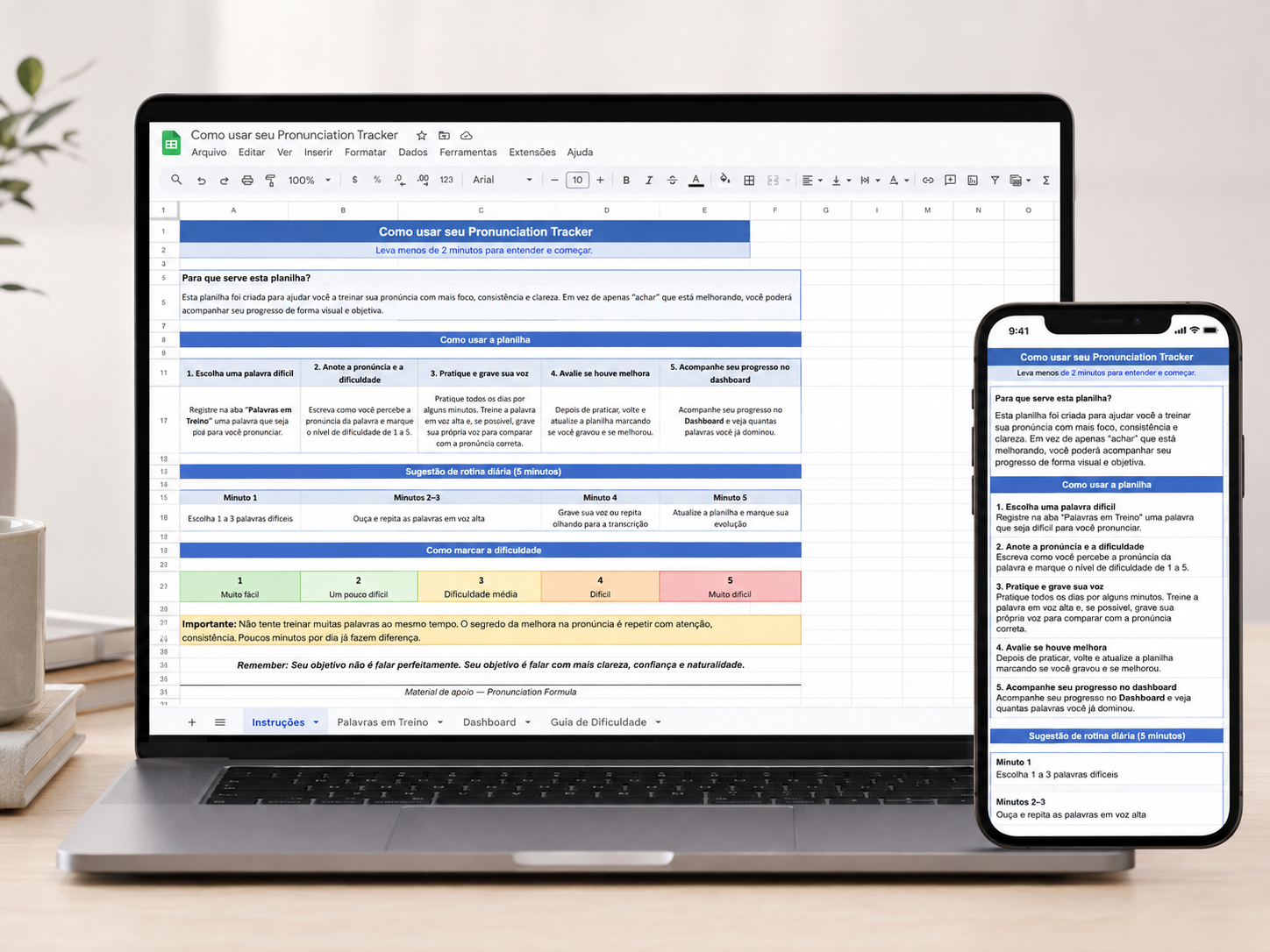Planilha de Evolução aberta em um notebook e em um celular