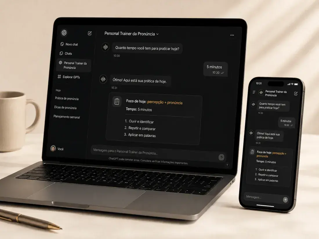 Personal Trainer da Pronúncia aberto em um notebook e em um celular